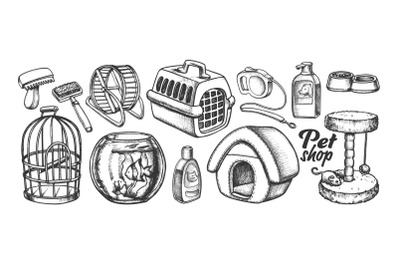 Pet Shop Equipment Assortment Monochrome Vector