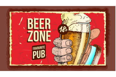 Hand Holding Beer Glass Advertising Banner Vector