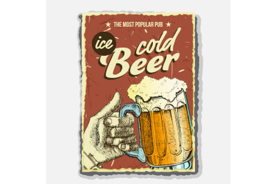 Hand Holding Ice Cold Foamy Beer Glass Vector