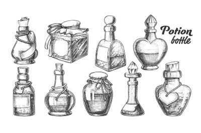 Collection Of Different Potion Bottles Set Vector