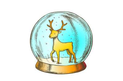 Snow Globe With Deer Souvenir Hand Drawn Color Vector