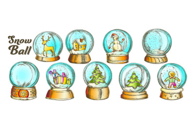 Christmas Snow Balls Souvenir Color Vintage Set Vector