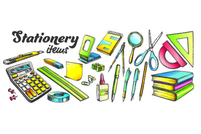 School And Office Stationery Items Color Set Vector