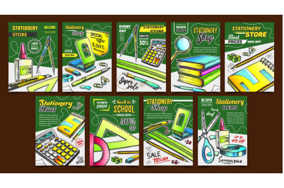 Stationery Shop Advertising Posters Set Vector