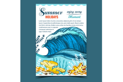 Marine Wave And Undersea Plants On Poster Vector