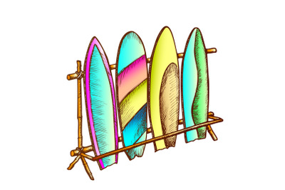 Surfboards In Different Design On Rack Color Vector