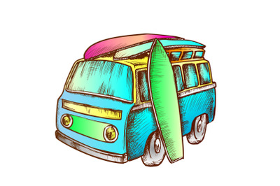 Surf Boards And Retro Surf Van Color Vector