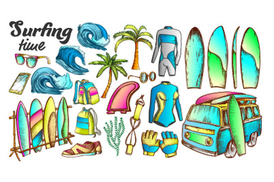 Surfing Time Collection Elements Color Set Vector