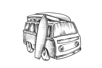 Surf Boards And Retro Surf Van Monochrome Vector