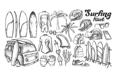 Surfing Time Collection Elements Ink Set Vector