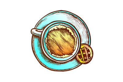 Coffee In Cup On Plate And Cookie Retro Vector