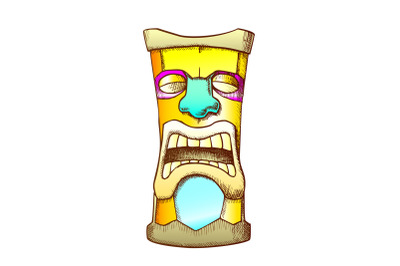 Tiki Idol Carved Wooden Crying Totem Color Vector