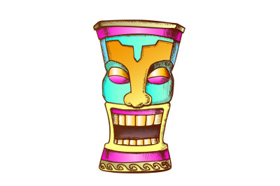 Tiki Idol Carved Wood Funny Totem Color Vector