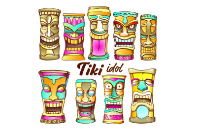 Tiki Idol Collection Totem Vintage Color Set Vector