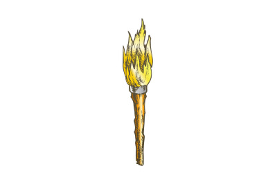 Torch Handmade Old Wooden Burning Stick Color Vector