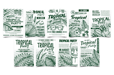 Tropical Leaves And Seaweeds Poster Set Vector