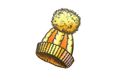 Winter Hat With Woolen Pompon Color Vector