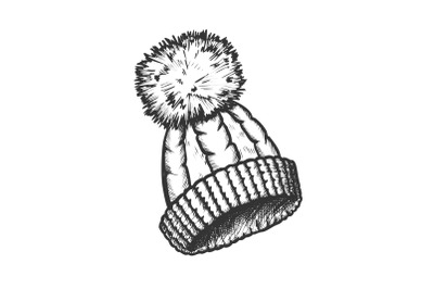 Winter Hat With Woolen Pompon Monochrome Vector