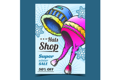 Hats Shop Winter Sale Advertising Banner Vector