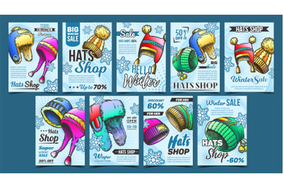 Hats Shop Winter Sale Advertise Banner Set Vector