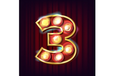 3 Number Vector. Three Font Marquee Light Sign. Realistic Retro Shine Lamp Bulb. 3D Electric Glowing Digit. Vintage Golden Illuminated Neon Light. Carnival, Circus Style. Alphabet Illustration