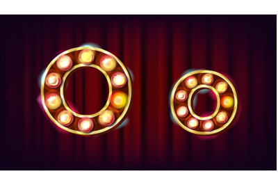 O Letter Vector. Capital, Lowercase. Font Marquee Light Sign. Retro Shine Lamp Bulb Alphabet. 3D Electric Glowing Digit. Vintage Gold Illuminated Light. Carnival, Circus, Casino Style. Illustration