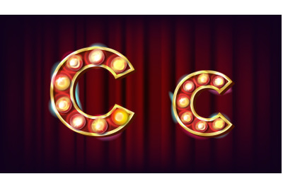 C Letter Vector. Capital, Lowercase. Font Marquee Light Sign. Retro Shine Lamp Bulb Alphabet. 3D Electric Glowing Digit. Vintage Gold Illuminated Light. Carnival, Circus, Casino Style. Illustration