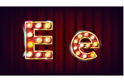 E Letter Vector. Capital, Lowercase. Font Marquee Light Sign. Retro Shine Lamp Bulb Alphabet. 3D Electric Glowing Digit. Vintage Gold Illuminated Light. Carnival, Circus, Casino Style. Illustration