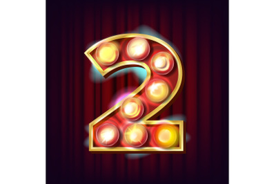 2 Number Vector. Two Font Marquee Light Sign. Realistic Retro Shine Lamp Bulb. 3D Electric Glowing Digit. Vintage Golden Illuminated Neon Light. Carnival, Circus, Slot Style. Alphabet Illustration