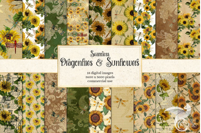 Dragonflies and Sunflowers Digital Paper