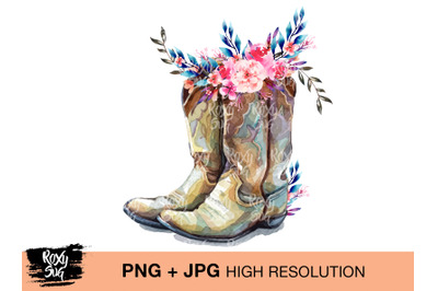 Country Cowgirl Boots, Boho Flower Feather clipart, Sublimation design