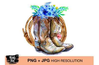 Cowgirl boots png, Cowgirl boots with Blue flowers, Sublimation Design
