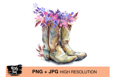 Country Cowgirl Boots Boho Flower clipart Png, Jpg instant download, w