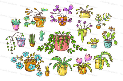 A set of cartoon doodle houseplants in pots