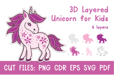 3D Layered Unicorn for Kids. Cut files