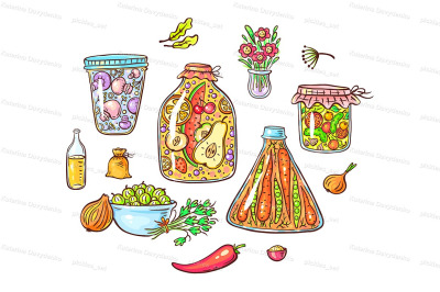 A set of cartoon pickled or marinated vegetables and spices