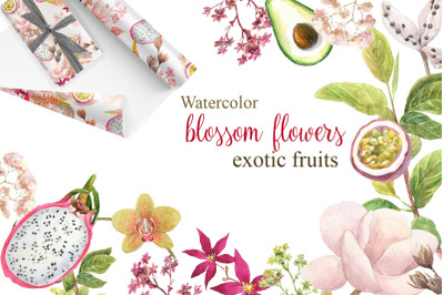 Watercolor flowers,exotic fruits.