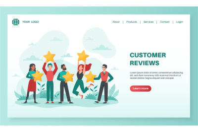 Customer reviews landing. Clients feedback rating, user evaluating pro