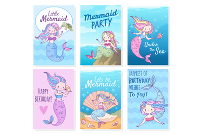 Mermaid cards. Creative postcard with mythical cute princesses and sea