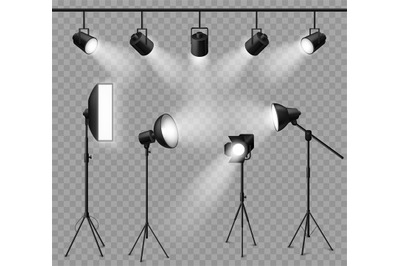 Realistic spotlight. Illuminated photo studio and stage light, floodli