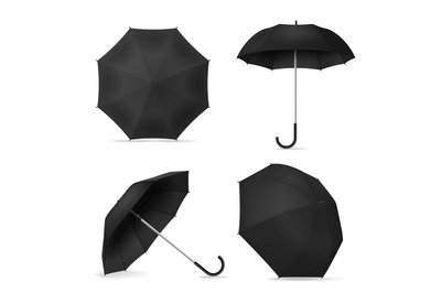 Black umbrella. Realistic blank parasols various positions open and to