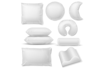 Realistic pillow. Different shaped soft white pillows, comfort orthope