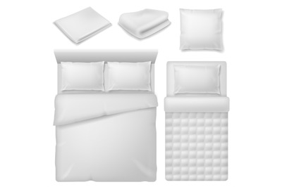 Realistic bedding. Top view bed with white bedding linen, blanket and