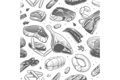 Meat seamless pattern. Hand drawn different meat products. Veal, beef