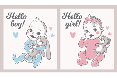Baby shower. Babies boy and girl greeting card birthday announcement,