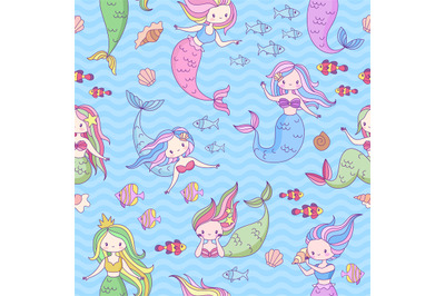 Mermaid seamless pattern. Cute little mermaids and underwater world de