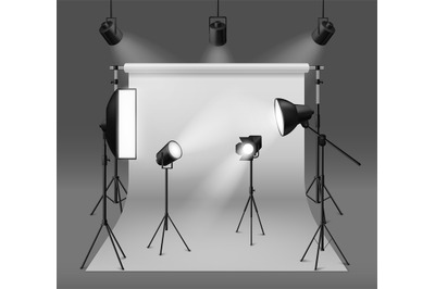 Studio spotlights. Realistic photo studio with professionals equipment