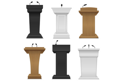 Tribune podium. Different color rostrums with microphones for business