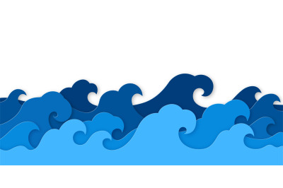 Paper sea waves. Blue water wave paper cut decor, marine landscape wit