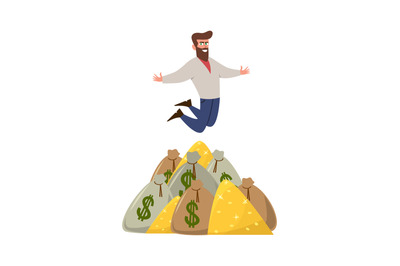 Rich banker. Isolated happy man on finance money stack vector flat ima